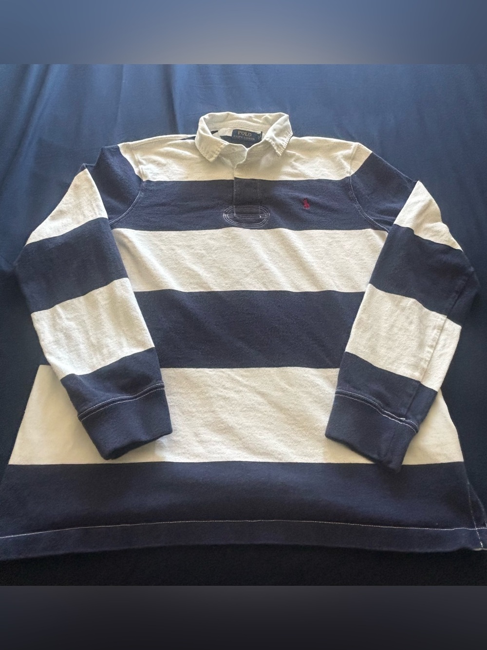 Polo Ralph Lauren Blue White Stripes Rugby Style Long Sleeve Polo Shirt Large